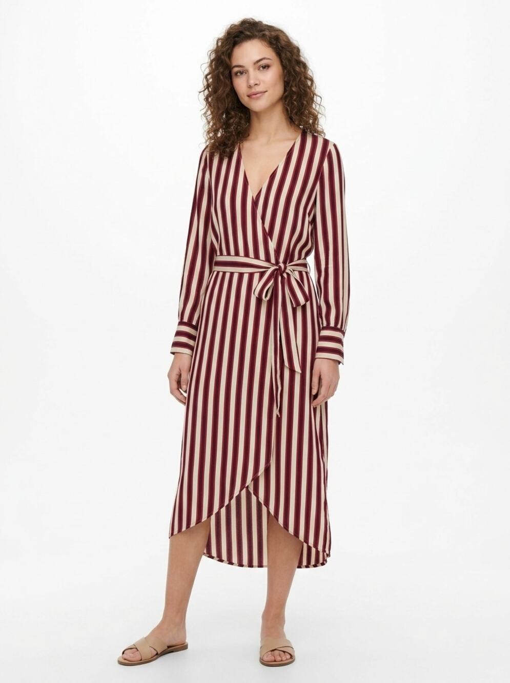 Zara Red Striped Belted V-Neck Midi Wrap Dress Long Sleeve Women Size S